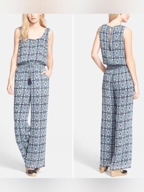 Tory Burch Laguna Silk Blouson Jumpsuit Bedford Gray Bukhara Ikat Print Size XS